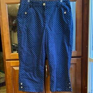 Karen Scott Navy and White Polk-a-Dot Wide Leg Capris Size 10